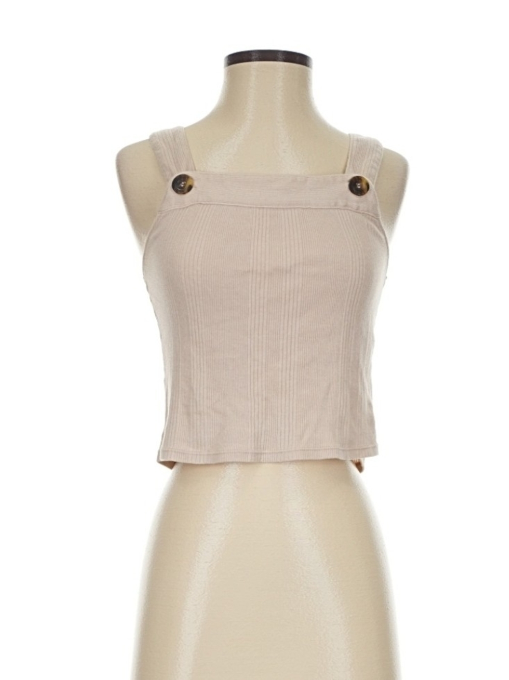 Summer Beach Ready Free People Beige Ribbed Square-Neck Tank with Button Straps